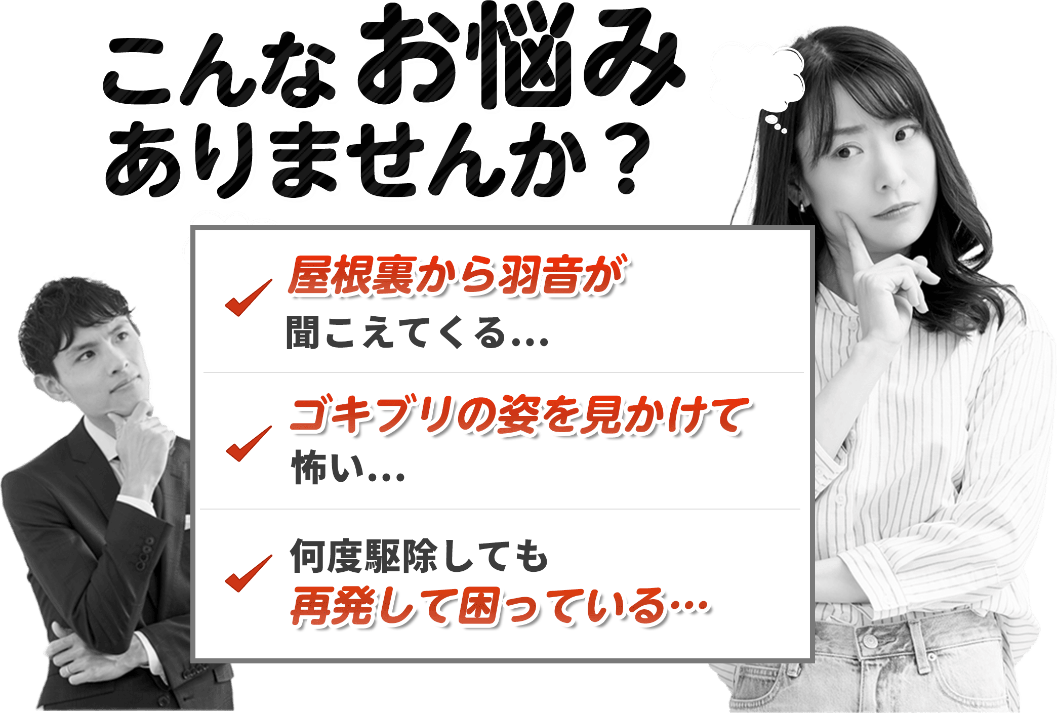 こんなお悩みありませんか？家で1匹見つけてしまい不安｜何度も何度も再発して困っている｜引っ越し先での駆除・対策をお願いしたい。