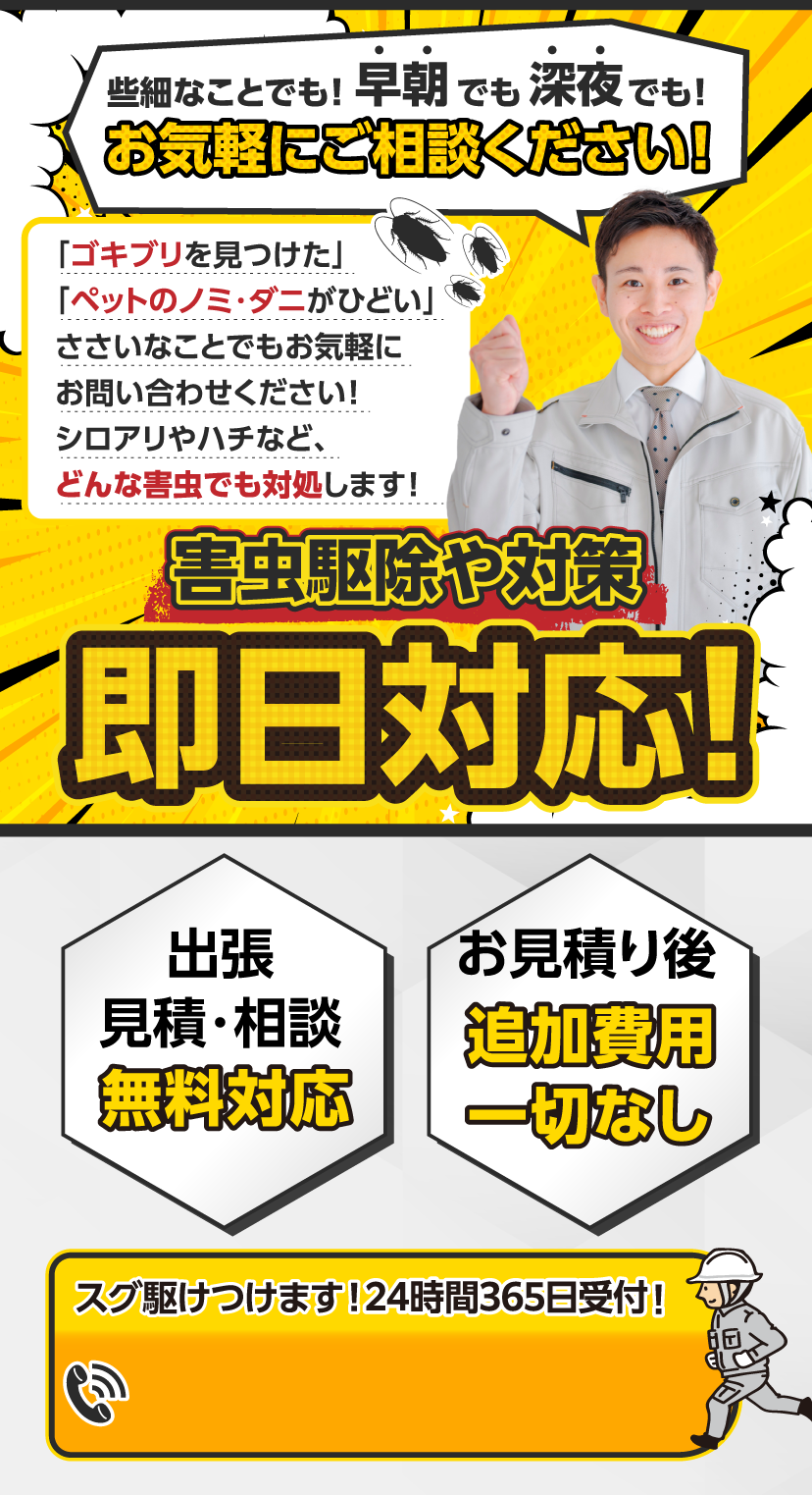 些細なことでも！早朝でも深夜でも！お気軽にご相談ください！ゴキブリ、ペットのノミ・ダニ、シロアリやハチなど、どんな害虫でも即日対応。出張見積・相談無料対応、お見積り後追加費用一切なし、キャンセル料発生なし。24時間365日受付。